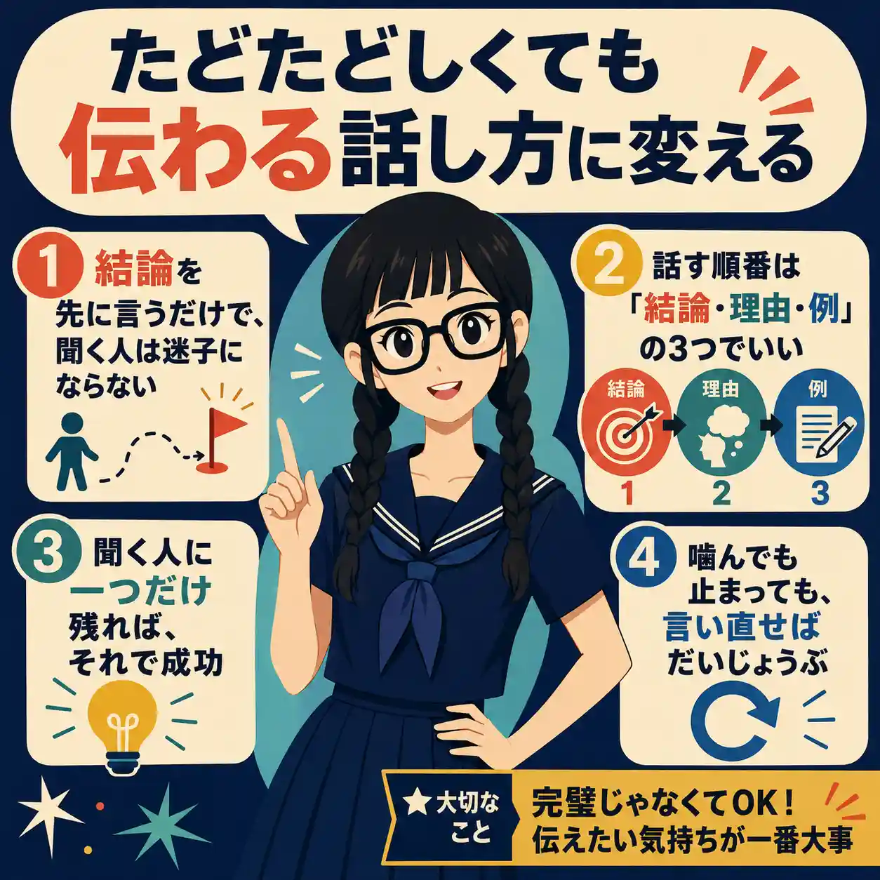 黒髪の三つ編みの女子生徒が、たどたどしくても伝わる話し方のコツを説明するインフォグラフィック。結論を先に言う、結論・理由・例の順番で話す、ひとつ残れば成功、噛んでも言い直せばよいことを示している。