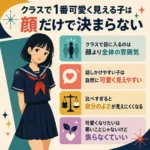 クラスで1番可愛く見える子は顔だけで決まらないと伝えるインフォグラフィック。濃紺のセーラー服の女子生徒と、全体の雰囲気、話しかけやすさ、自分のよさ、焦らなくていいという4つのポイントを紹介している。