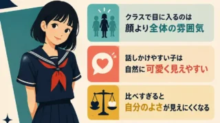 クラスで1番可愛く見える子は顔だけで決まらないと伝えるインフォグラフィック。濃紺のセーラー服の女子生徒と、全体の雰囲気、話しかけやすさ、自分のよさ、焦らなくていいという4つのポイントを紹介している。