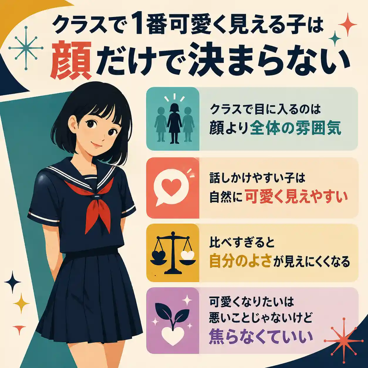 クラスで1番可愛く見える子は顔だけで決まらないと伝えるインフォグラフィック。濃紺のセーラー服の女子生徒と、全体の雰囲気、話しかけやすさ、自分のよさ、焦らなくていいという4つのポイントを紹介している。