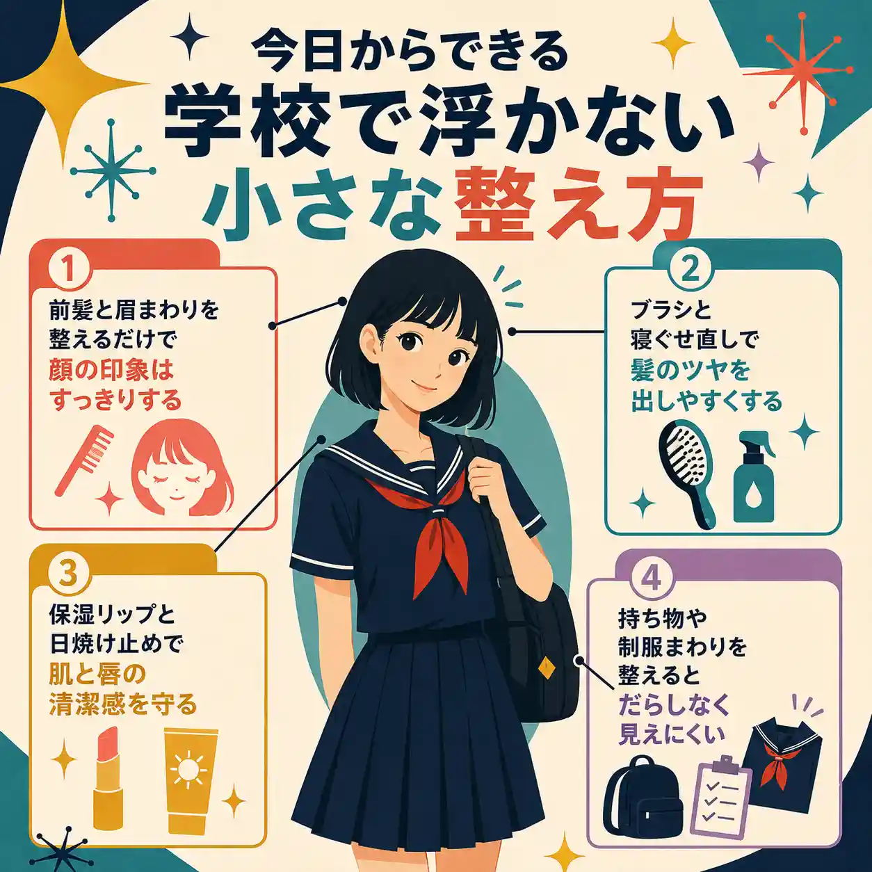 学校で浮かない小さな整え方を紹介するインフォグラフィック。濃紺のセーラー服に黒いリュックの女子生徒を中心に、前髪と眉まわり、髪のツヤ、保湿リップと日焼け止め、持ち物や制服まわりの4つの整え方を示している。