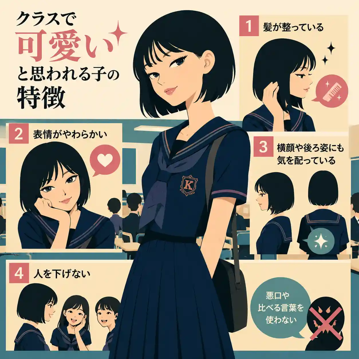 クラスで可愛いと思われる子の特徴を紹介するインフォグラフィック。濃紺のセーラー服の女子生徒を中心に、髪が整っている、表情がやわらかい、横顔や後ろ姿にも気を配る、人を下げないという4つのポイントを示している。