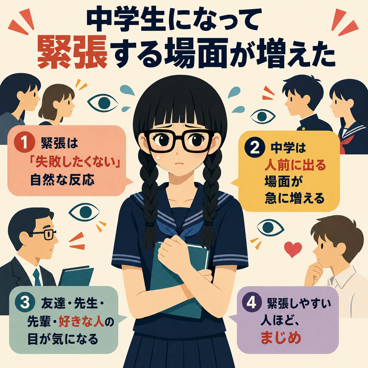 中学生になって人前に出る場面が増え、まわりの視線が気になって緊張する女子を描いたインフォグラフィック。 