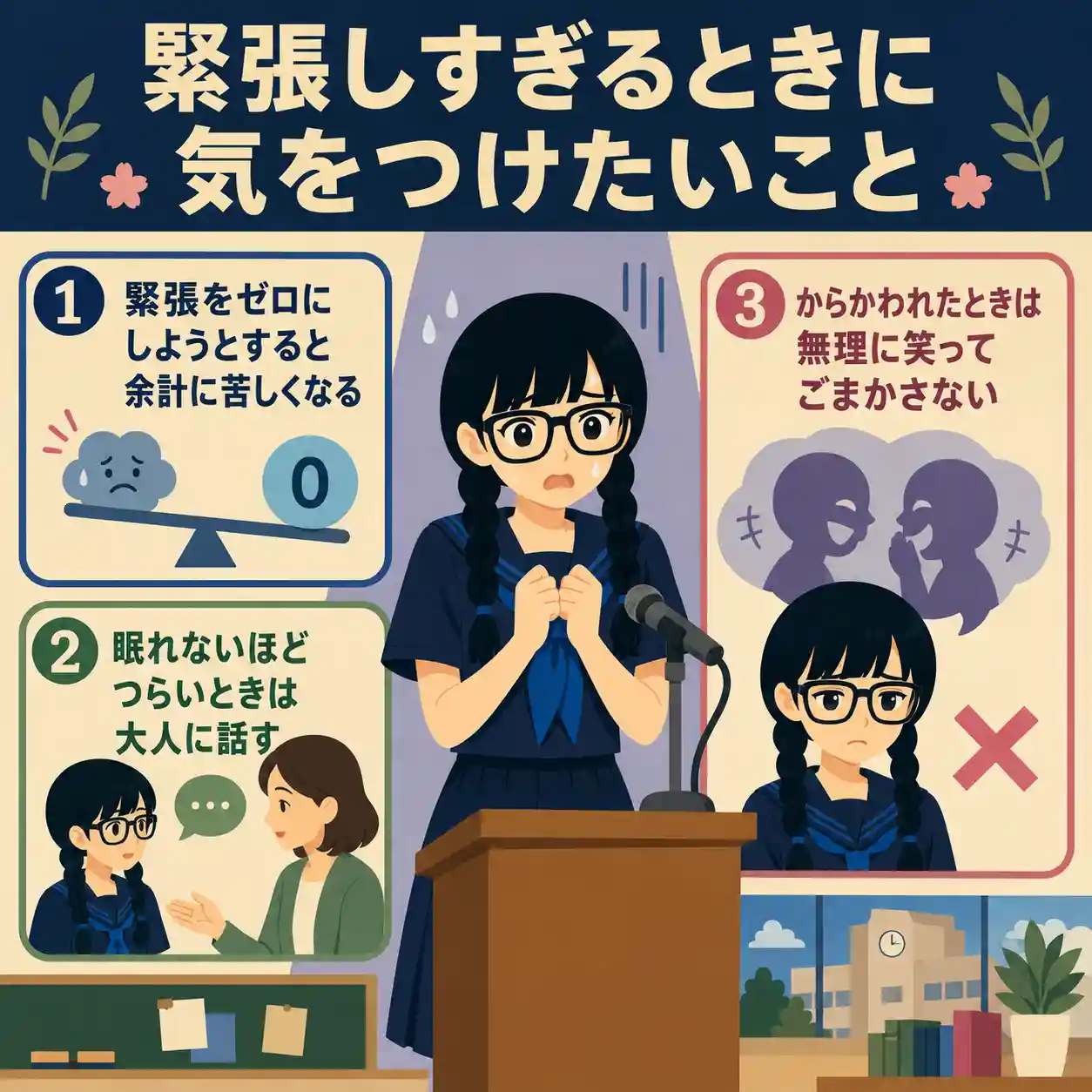 緊張しすぎるときに気をつけたいことをまとめたインフォグラフィック。演説を前に不安そうなセーラー服の女子生徒を中心に、緊張をゼロにしようとしないこと、眠れないほどつらいときは大人に話すこと、からかわれても無理に笑ってごまかさないことを示している。