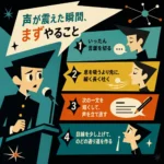声が震えた中学生がマイク前で落ち着きを取り戻すための4ステップを示した、60年代アニメ風の正方形インフォグラフィック。