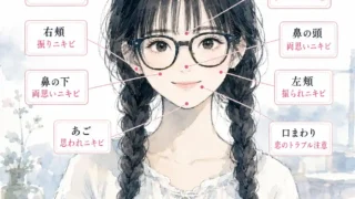 思い・思われ・振り・振られニキビの場所を、顔の各部位と引き出し線で示した女性イラストの早見表。