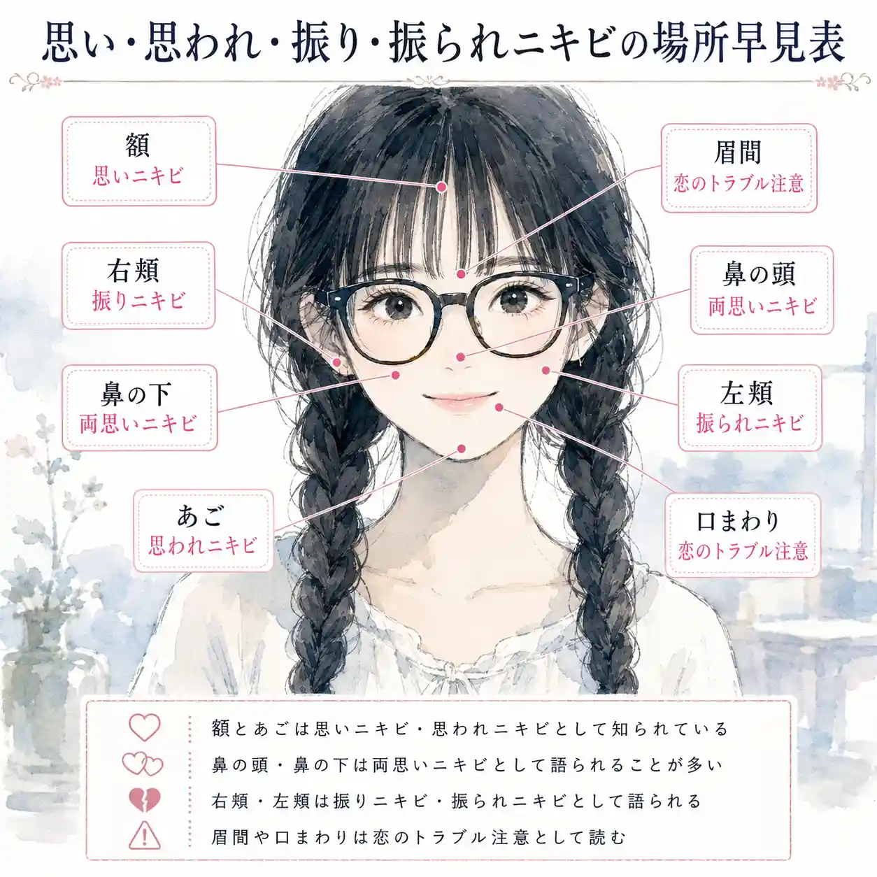 思い・思われ・振り・振られニキビの場所を、顔の各部位と引き出し線で示した女性イラストの早見表。