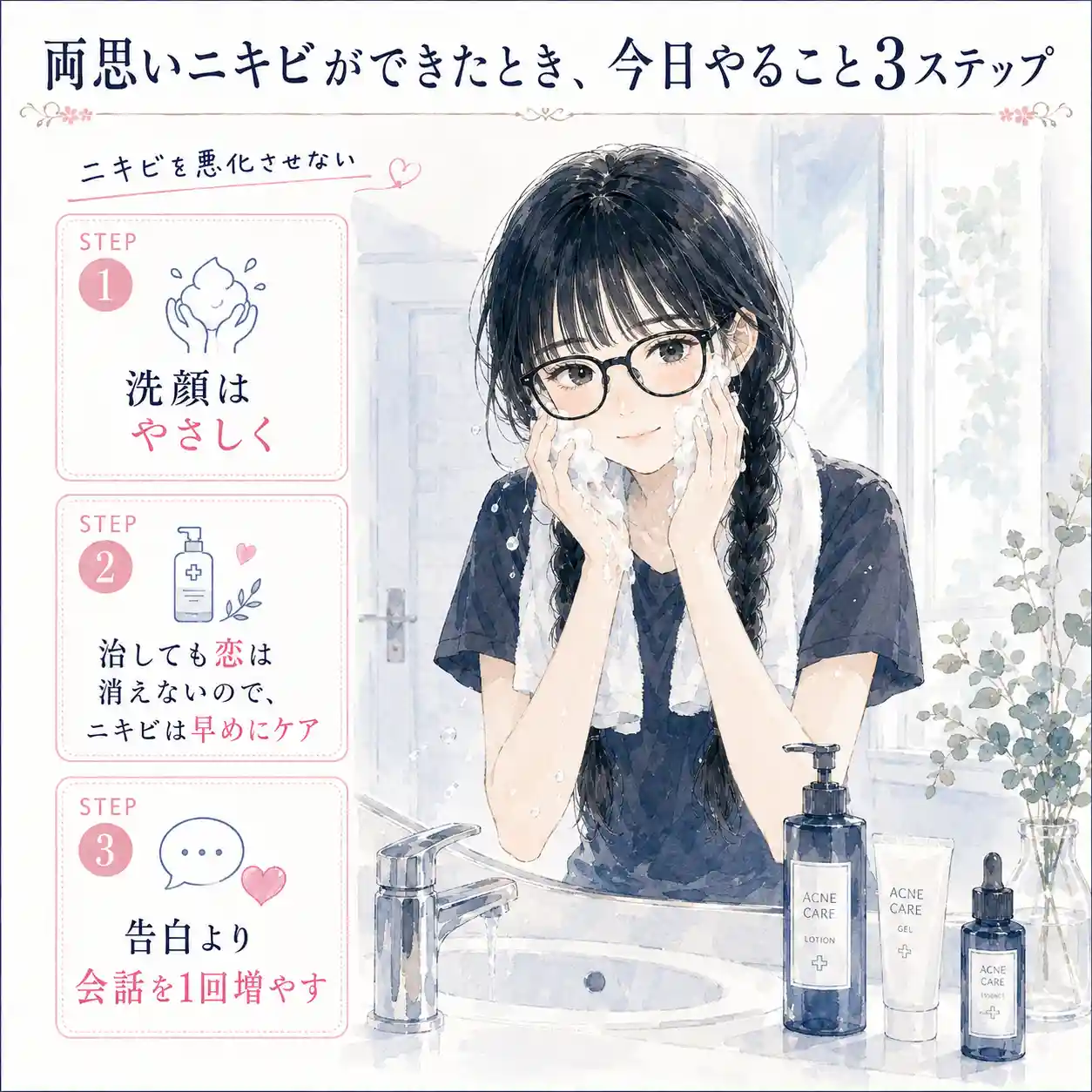 両思いニキビができたときのケア方法を、洗顔中の女性イラストと3ステップで示したインフォグラフィック。