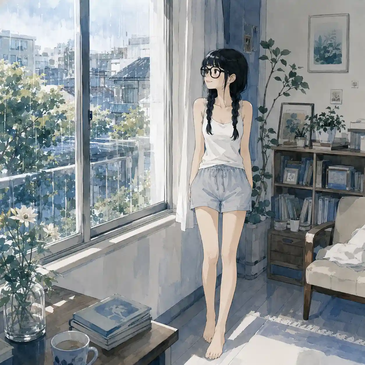 自分の部屋で夏の雨を見ている少女