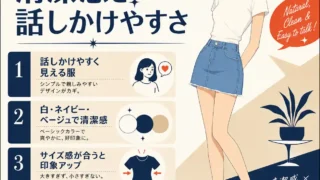 清潔感と話しかけやすさをテーマに、白Tシャツとデニムスカートの女性と4つの服装ポイントをまとめたインフォグラフィック。