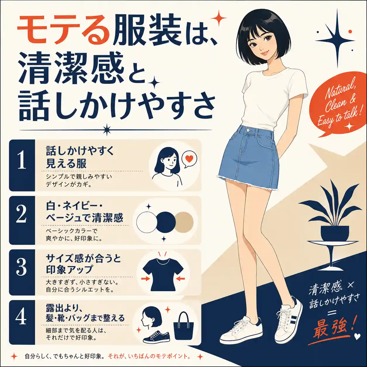 清潔感と話しかけやすさをテーマに、白Tシャツとデニムスカートの女性と4つの服装ポイントをまとめたインフォグラフィック。
