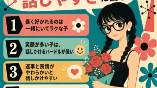 モテる子の特徴として、話しやすさ・笑顔・やわらかい返事・感謝や謝罪の言葉をまとめた、60年代アメリカアニメ風の正方形インフォグラフィック。