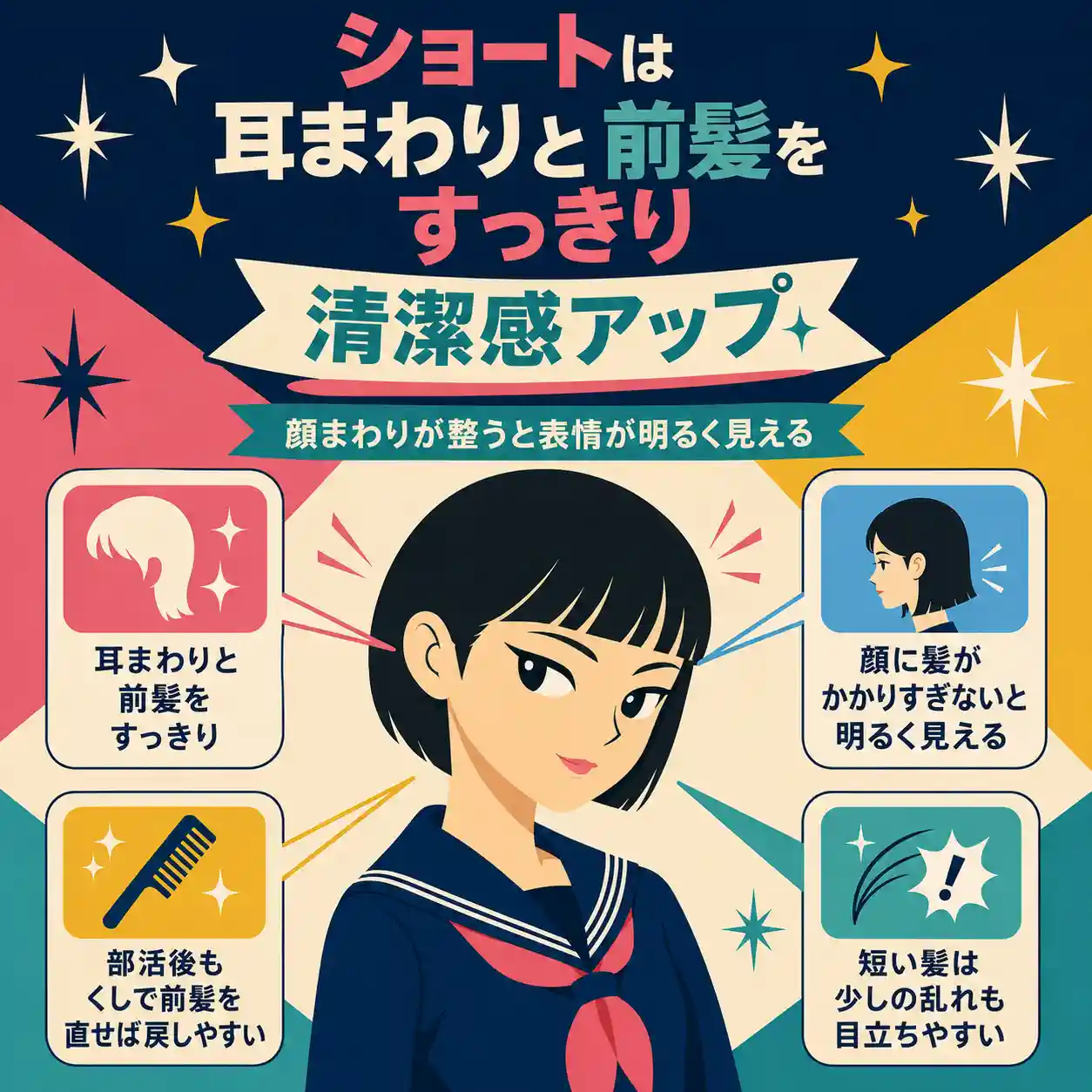 ショートヘアの耳まわりと前髪をすっきり整えるコツを、中央の女子学生と吹き出しで紹介するレトロアニメ風インフォグラフィック。