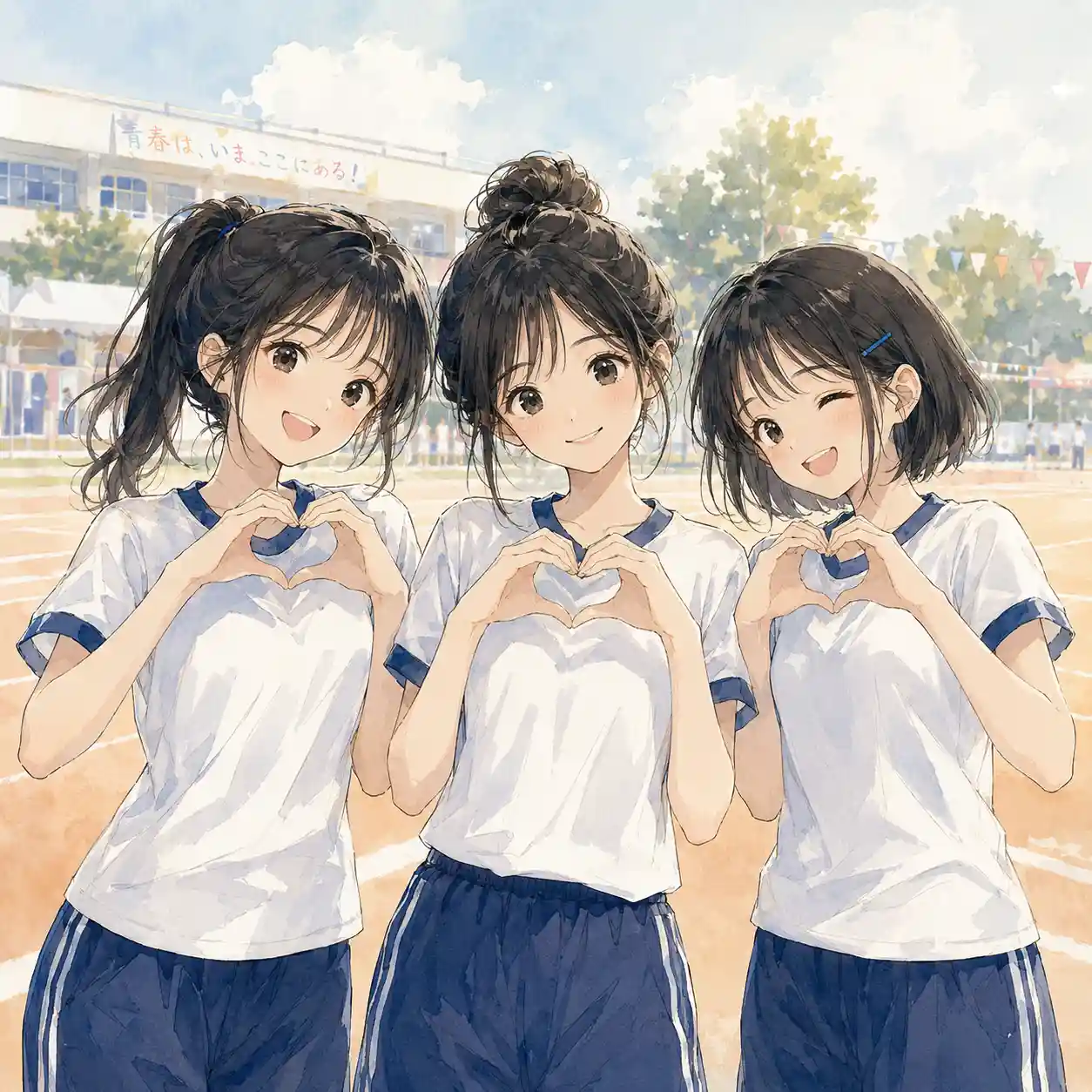 体育祭で友達とふざけてる女子