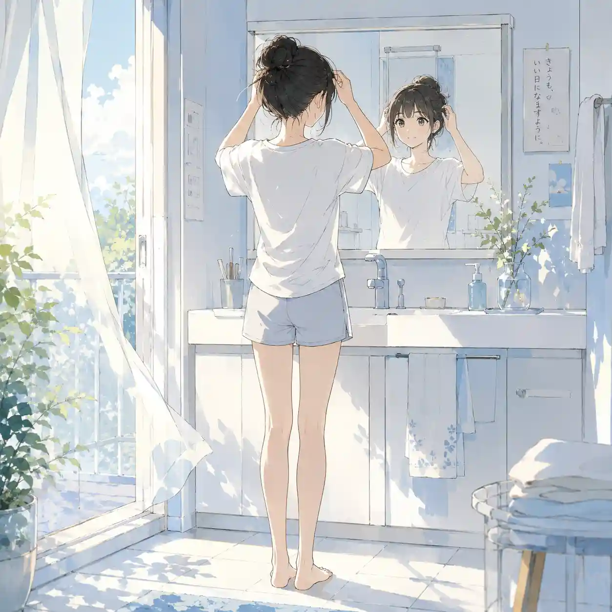 髪型を気にして鏡を覗く女子