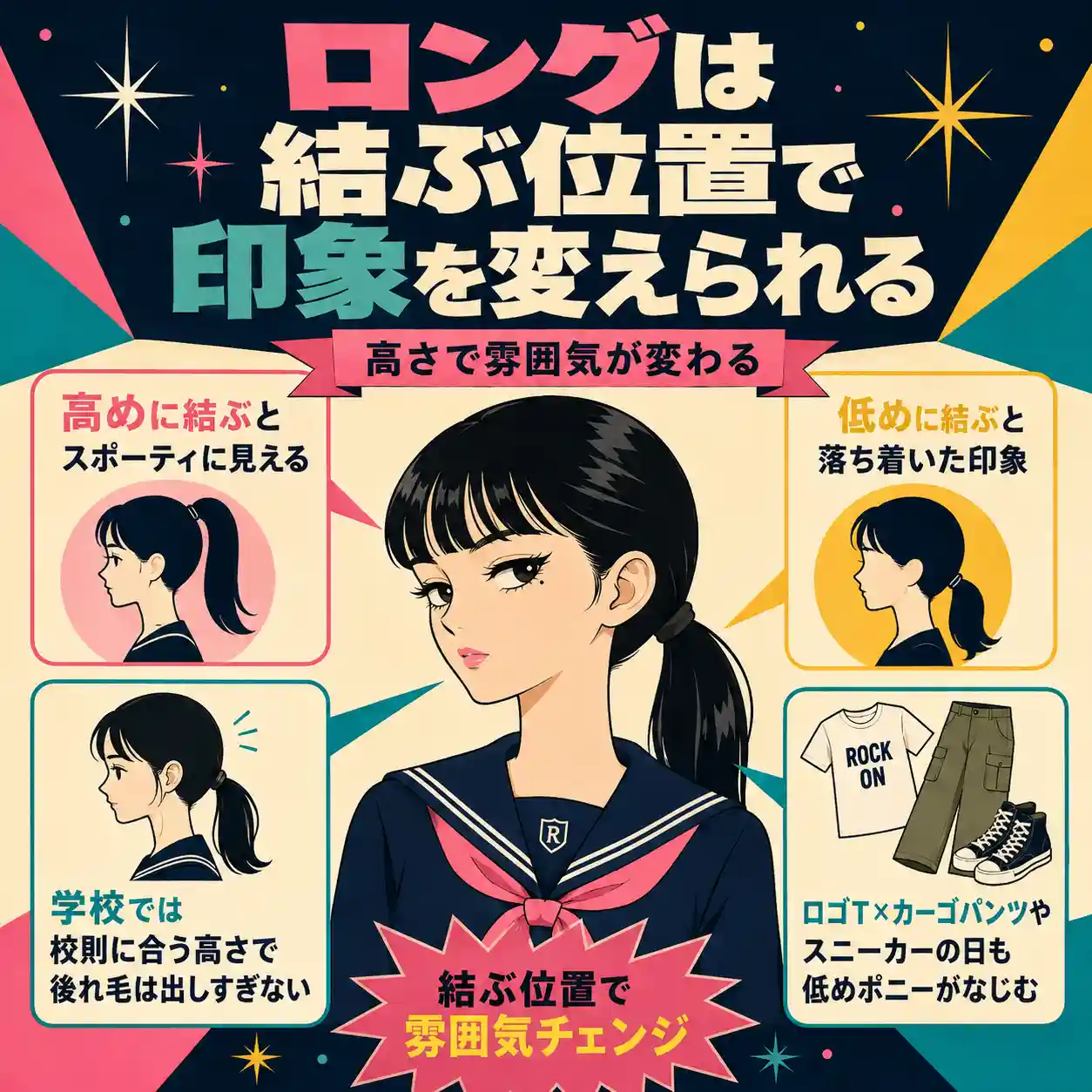 ロングヘアを結ぶ位置で印象チェンジするコツを、低めポニーの女子学生と吹き出しで紹介するレトロアニメ風インフォグラフィック。