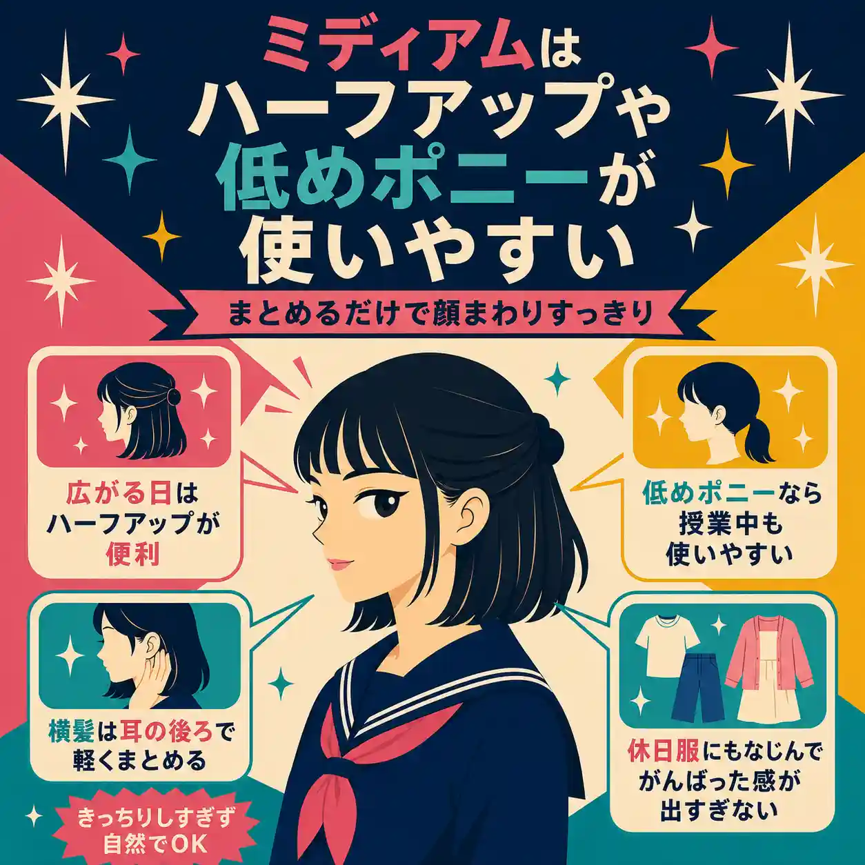 ミディアムヘアをハーフアップや低めポニーでまとめるコツを、中央の女子学生と吹き出しで紹介するレトロアニメ風インフォグラフィック。