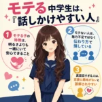 モテる中学生の特徴を、話しかけやすさ・安心感・伝わり方の3点で解説したセーラー服女子のインフォグラフィック。