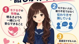 モテる中学生の特徴を、話しかけやすさ・安心感・伝わり方の3点で解説したセーラー服女子のインフォグラフィック。