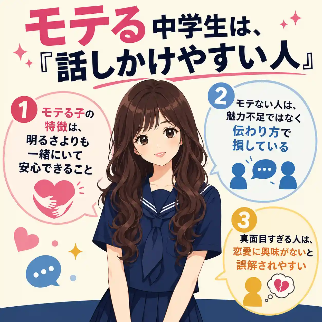 モテる中学生の特徴を、話しかけやすさ・安心感・伝わり方の3点で解説したセーラー服女子のインフォグラフィック。