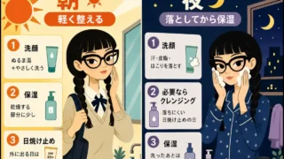 昼と夜で違う中学生のスキンケアを説明するインフォグラフィック