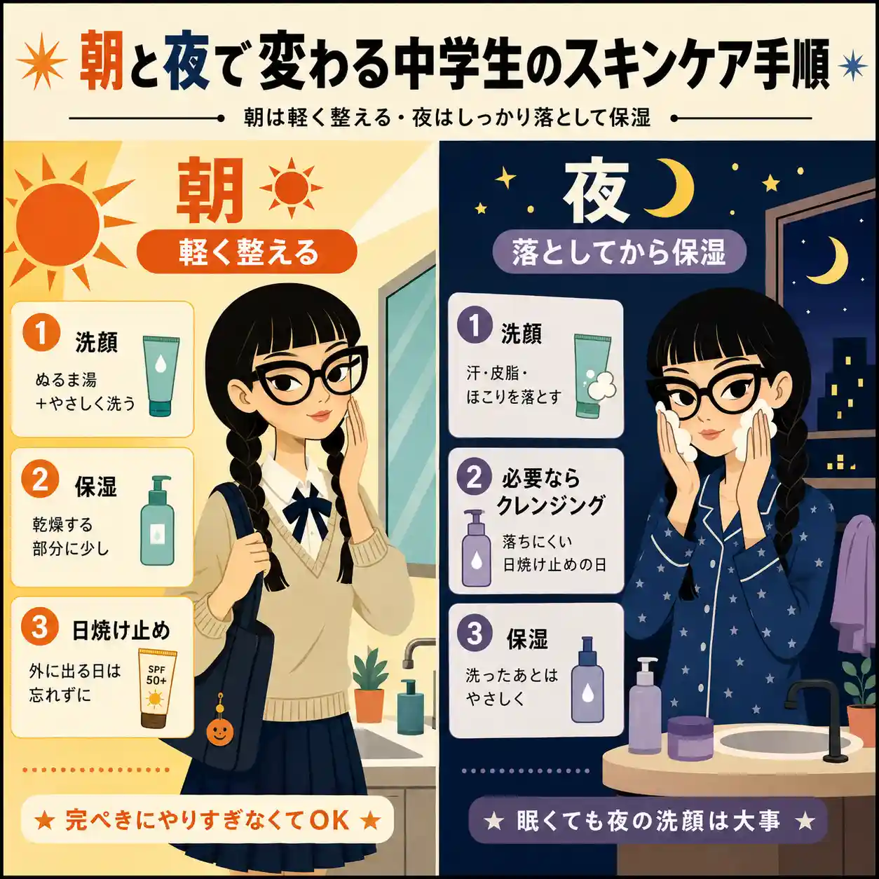 昼と夜で違う中学生のスキンケアを説明するインフォグラフィック