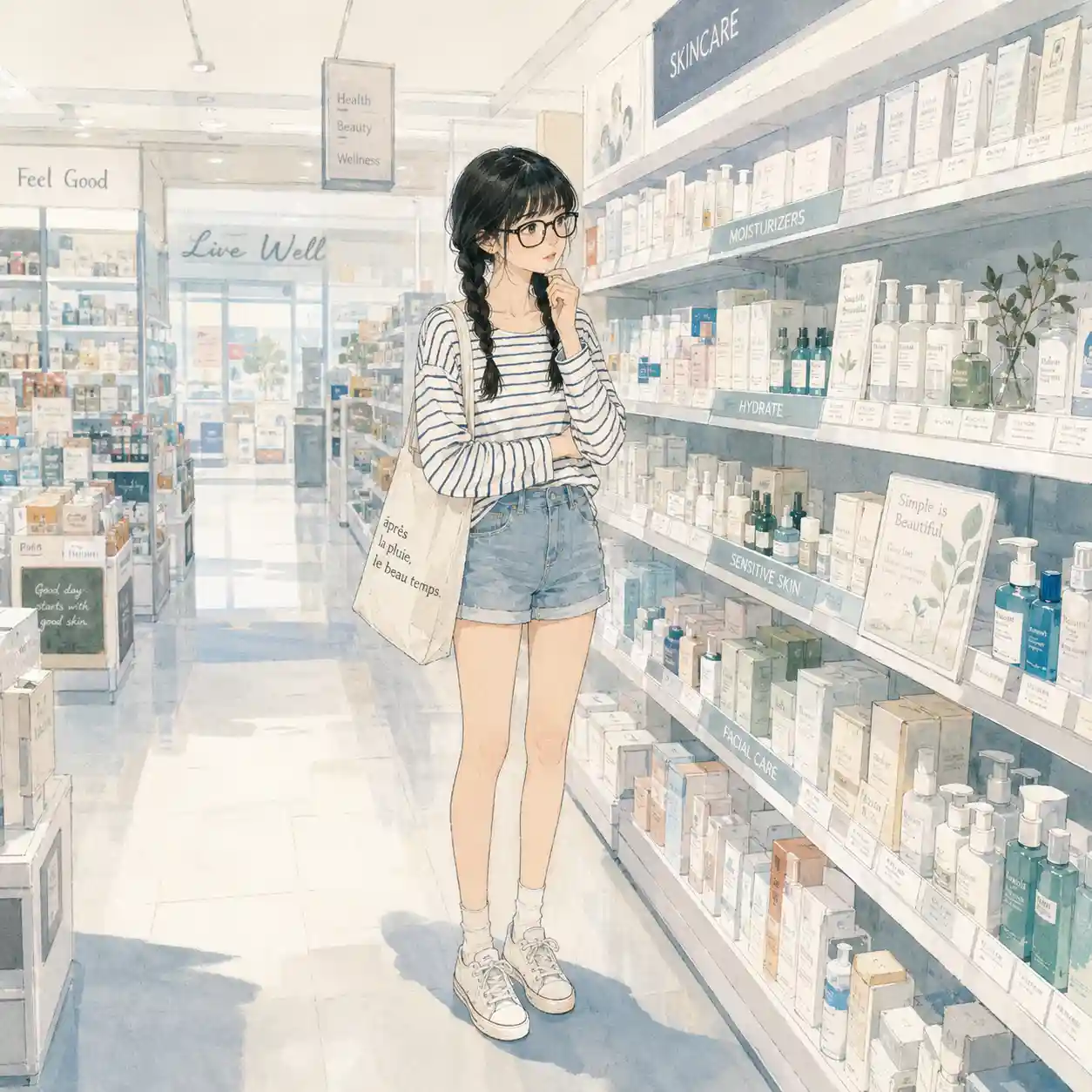 ドラッグストアで迷っている女子