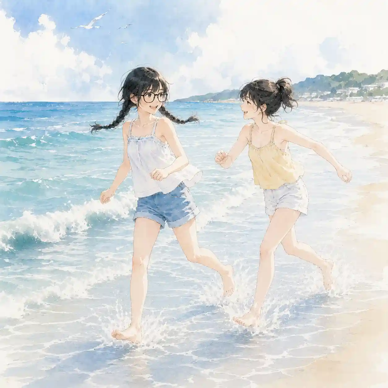 海辺で遊ぶ女子たち