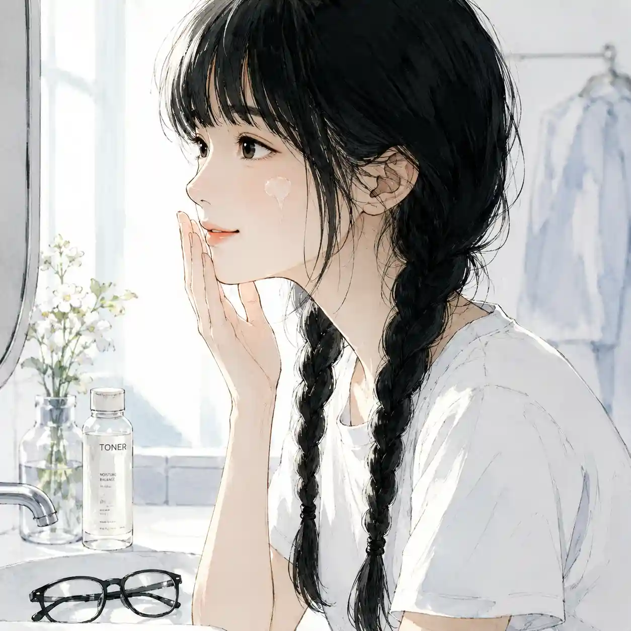洗面台で化粧水を使ってみる女子