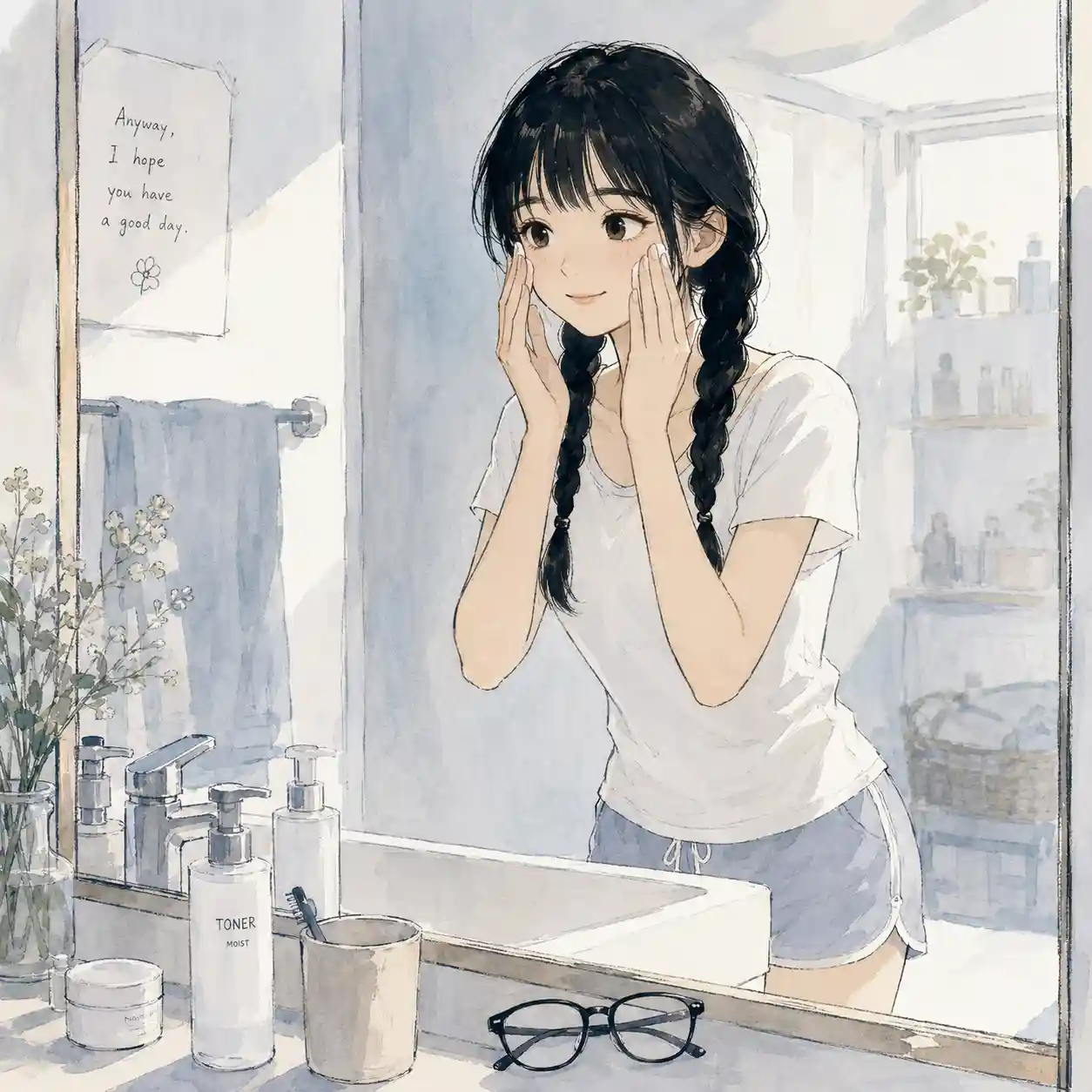 洗面台で化粧水を使ってみる女子