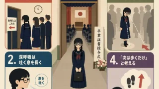 卒業式の入場前に緊張したときの落ち着き方をまとめた正方形インフォグラフィック。卒業式会場前に立つ三つ編みの女子生徒と、待ち時間は不安がふくらむ、深呼吸は吸うよ