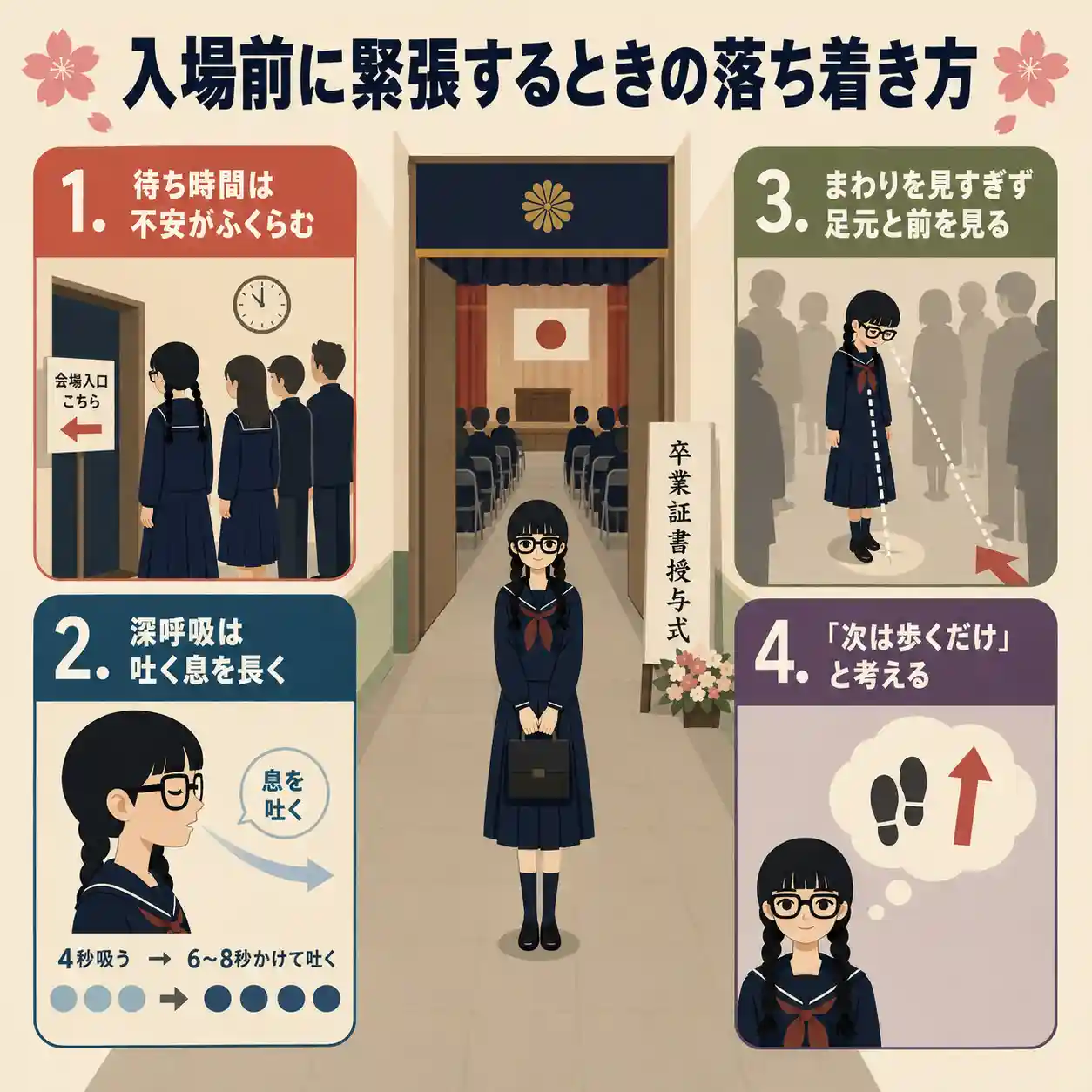 卒業式の入場前に緊張したときの落ち着き方をまとめた正方形インフォグラフィック。卒業式会場前に立つ三つ編みの女子生徒と、待ち時間は不安がふくらむ、深呼吸は吸うよ
