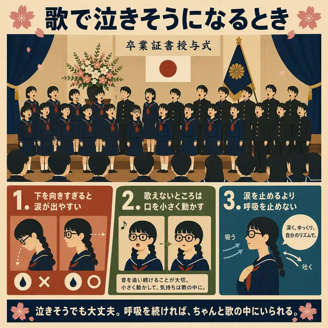 卒業式の歌で泣きそうになるときの対策をまとめた正方形インフォグラフィック。卒業式の壇上で歌う生徒たちを背景に、下を向きすぎると涙が出やすい、歌えないところは口を小さく動かす、涙を止めるより呼吸を止めない、の3つのポイントを図解している。