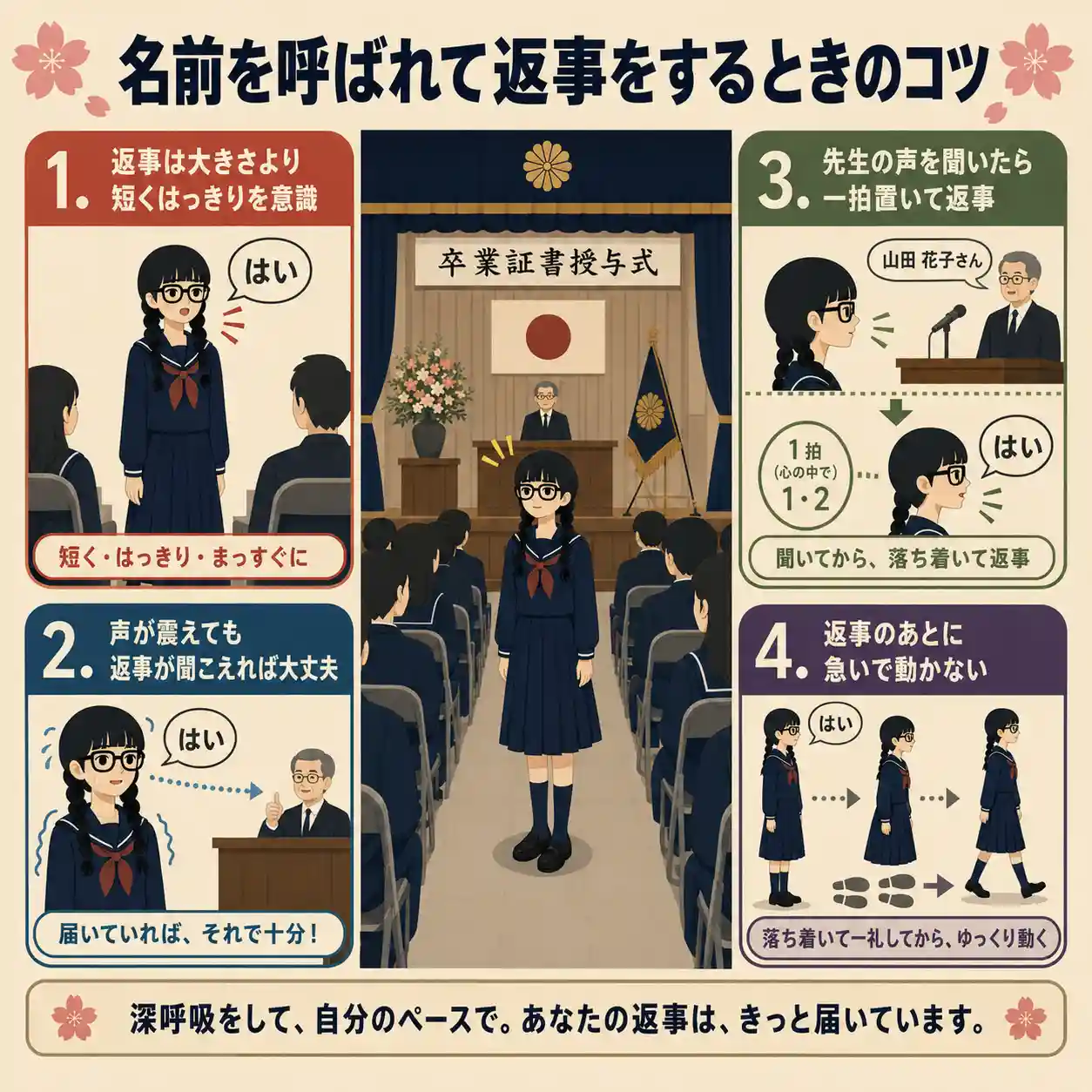 卒業式で名前を呼ばれて返事をするときのコツをまとめた正方形インフォグラフィック。三つ編みで太めのメガネをかけた女子生徒が卒業式で立ち上がる場面を中心に、返事は短くはっきり、声が震えても届けば大丈夫、先生の声を聞いたら一拍置く、返事のあとに急いで動かない、の4つの対策を図解している。