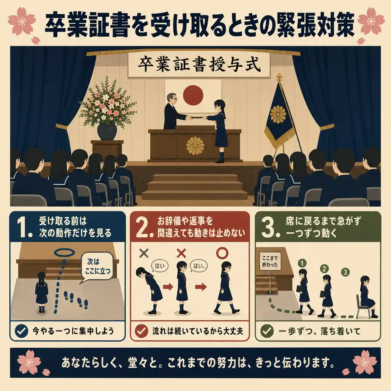 卒業証書を受け取るときの緊張対策をまとめた正方形インフォグラフィック。卒業式の壇上で証書を受け取る三つ編みの女子生徒を中心に、次の動作だけを見る、お辞儀や返事を間違えても動きを止めない、席に戻るまで急がず一つずつ動く、の3つの対策を図解している。