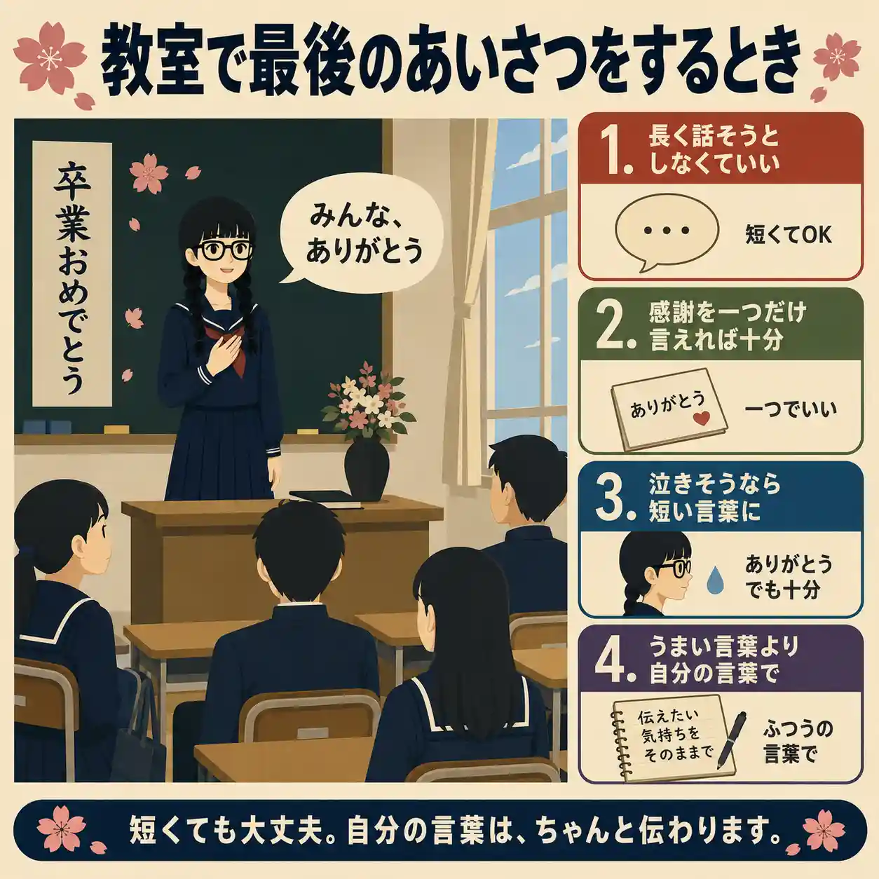教室で最後のあいさつをするときのポイントをまとめた正方形インフォグラフィック。教室の前で話す三つ編みの女子生徒を中心に、長く話そうとしなくていい、感謝を一つだけ言えれば十分、泣きそうなら短い言葉に、うまい言葉より自分の言葉で、の4つの対策を図解している。