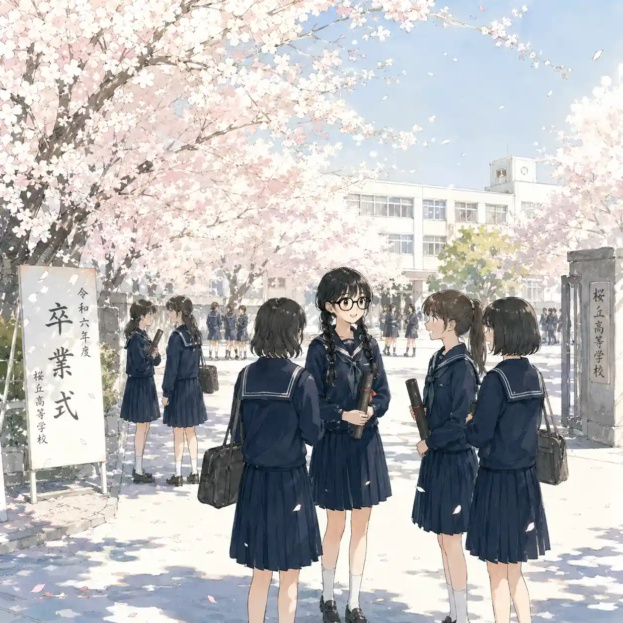 満開の桜の下友達と話をしている女子