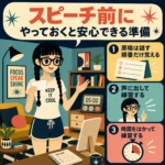 スピーチ前の準備として、原稿の順番を覚える、声に出す、時間をはかる練習を自宅で行う女性のインフォグラフィック。