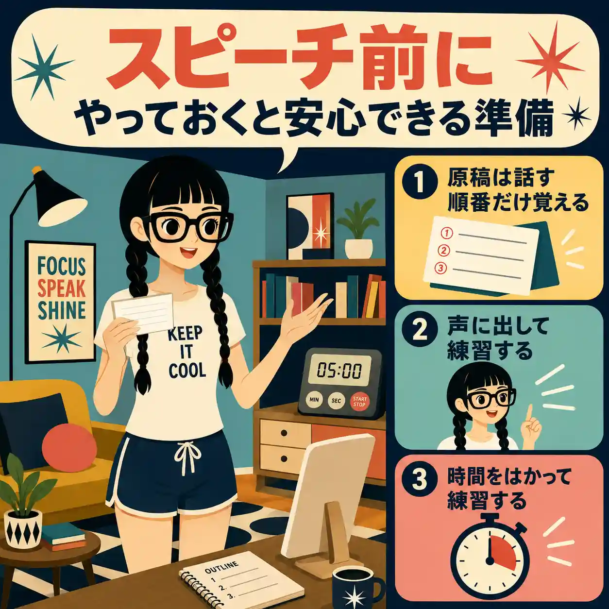 スピーチ前の準備として、原稿の順番を覚える、声に出す、時間をはかる練習を自宅で行う女性のインフォグラフィック。
