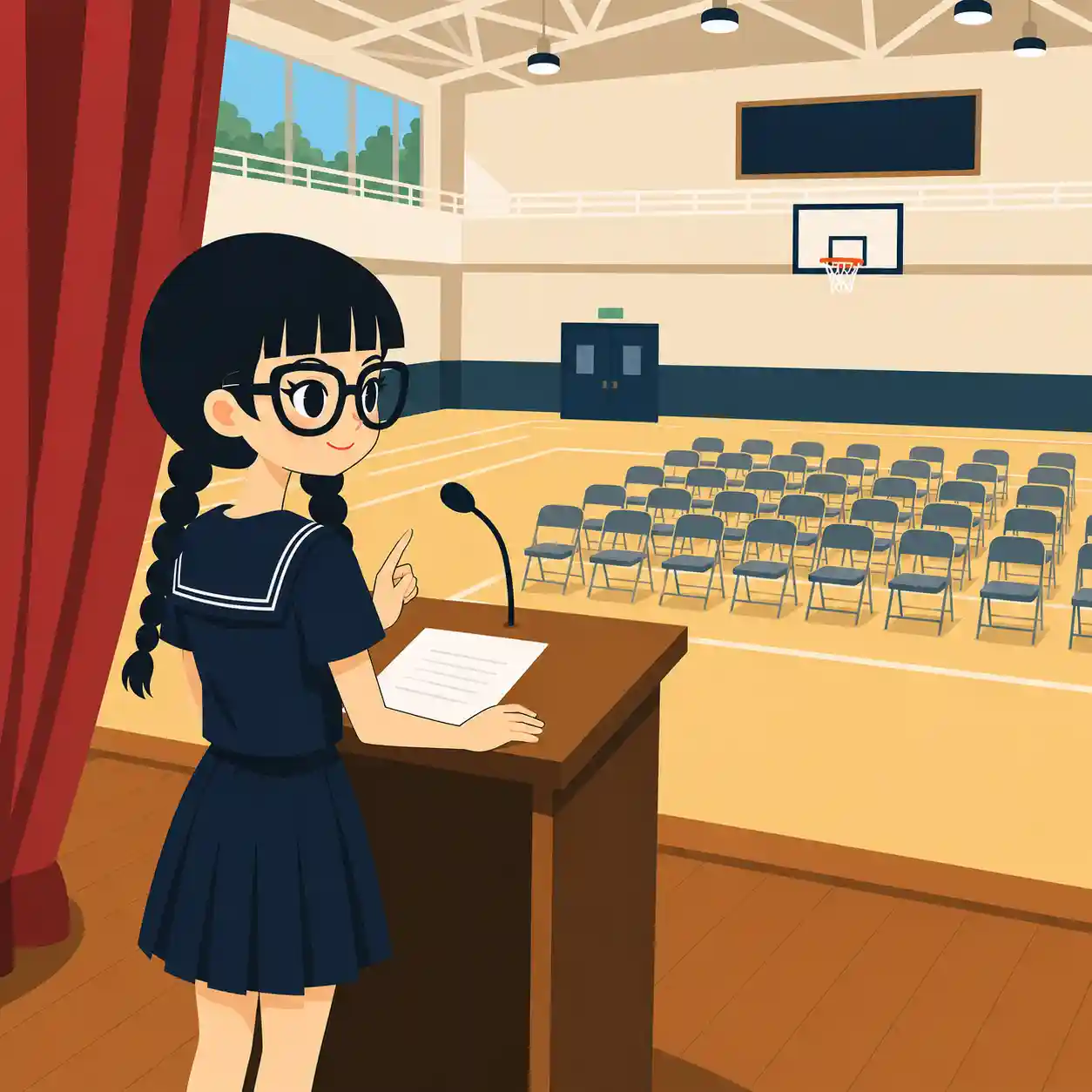 体育館の演題で練習する女子