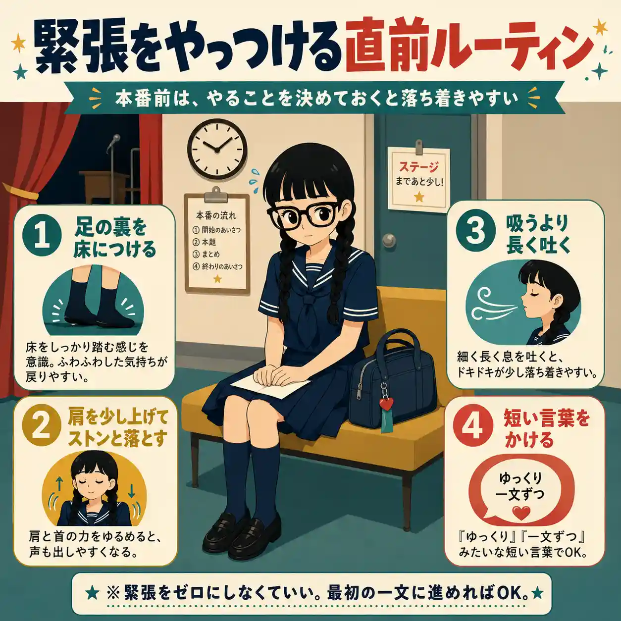 発表前の緊張をやわらげる直前ルーティンをまとめたインフォグラフィック。控室のベンチに座って緊張している、濃紺の半袖セーラー服を着た三つ編みの女子生徒を中心に、足の裏を床につける、肩を少し上げてストンと落とす、吸うより長く吐く、短い言葉を自分にかける、の4つの対策を図と短文で紹介している。