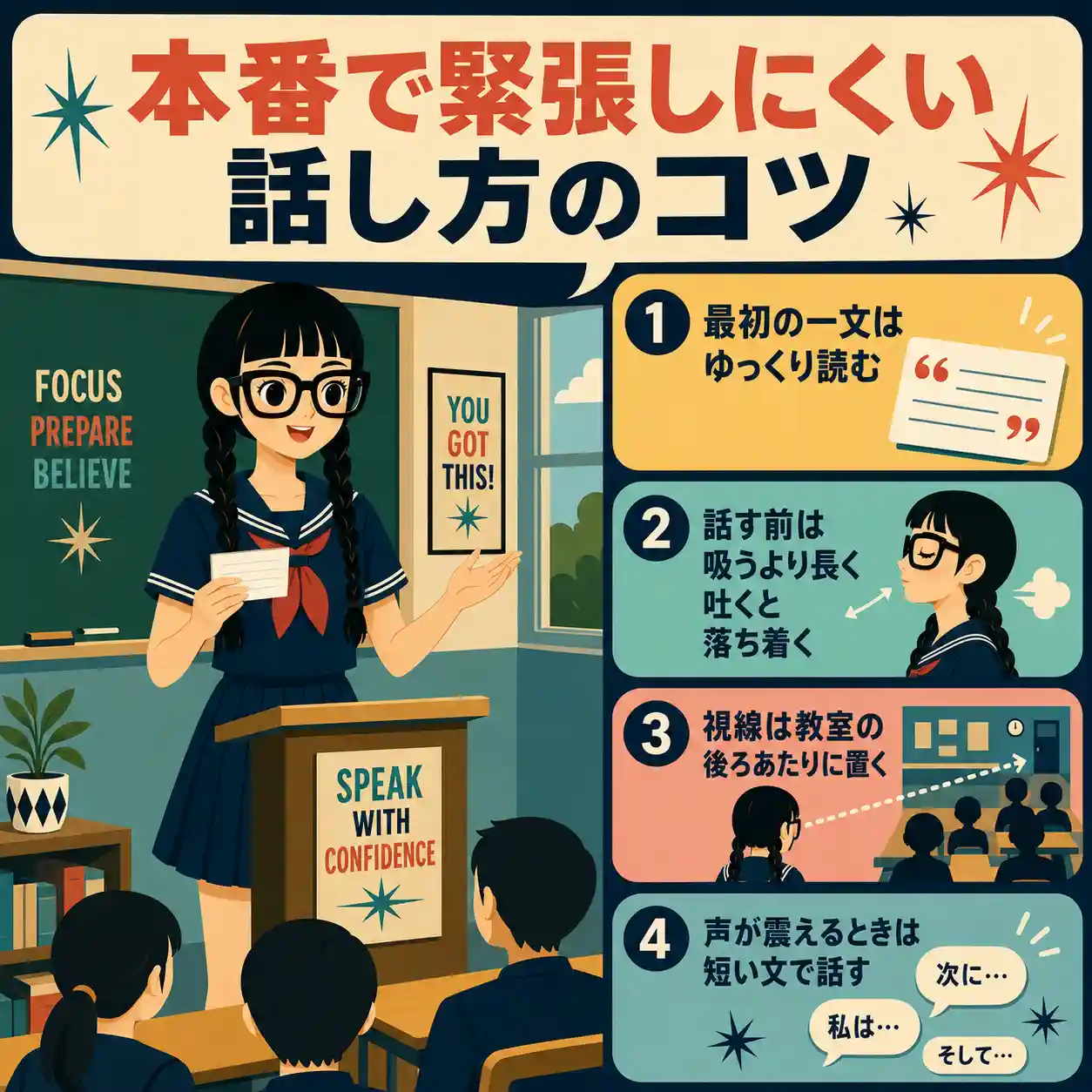 教室前でスピーチする女子生徒と、最初の一文、呼吸、視線、短い文で緊張をやわらげるコツをまとめたインフォグラフィック。