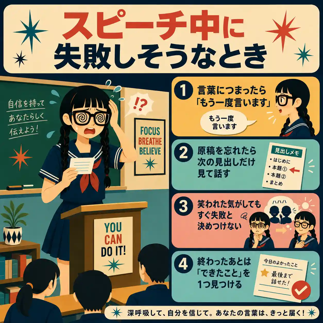 スピーチ中に言葉がつまったり原稿を忘れたりしたときの対処法を、焦る女子生徒と4つのコツで示したインフォグラフィック。