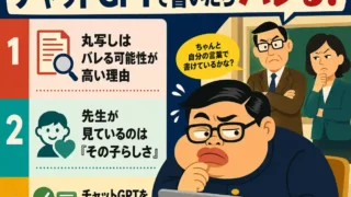 税の作文をチャットGPTで書いた場合の注意点をまとめたインフォグラフィック。 丸写しがバレやすい理由、先生が見る「その子らしさ」、AIを使ってよい部分と危ない部分を、パソコン前でこっそり作文を書こうとする男子生徒と、それを見守る先生たちのイラストで説明している。