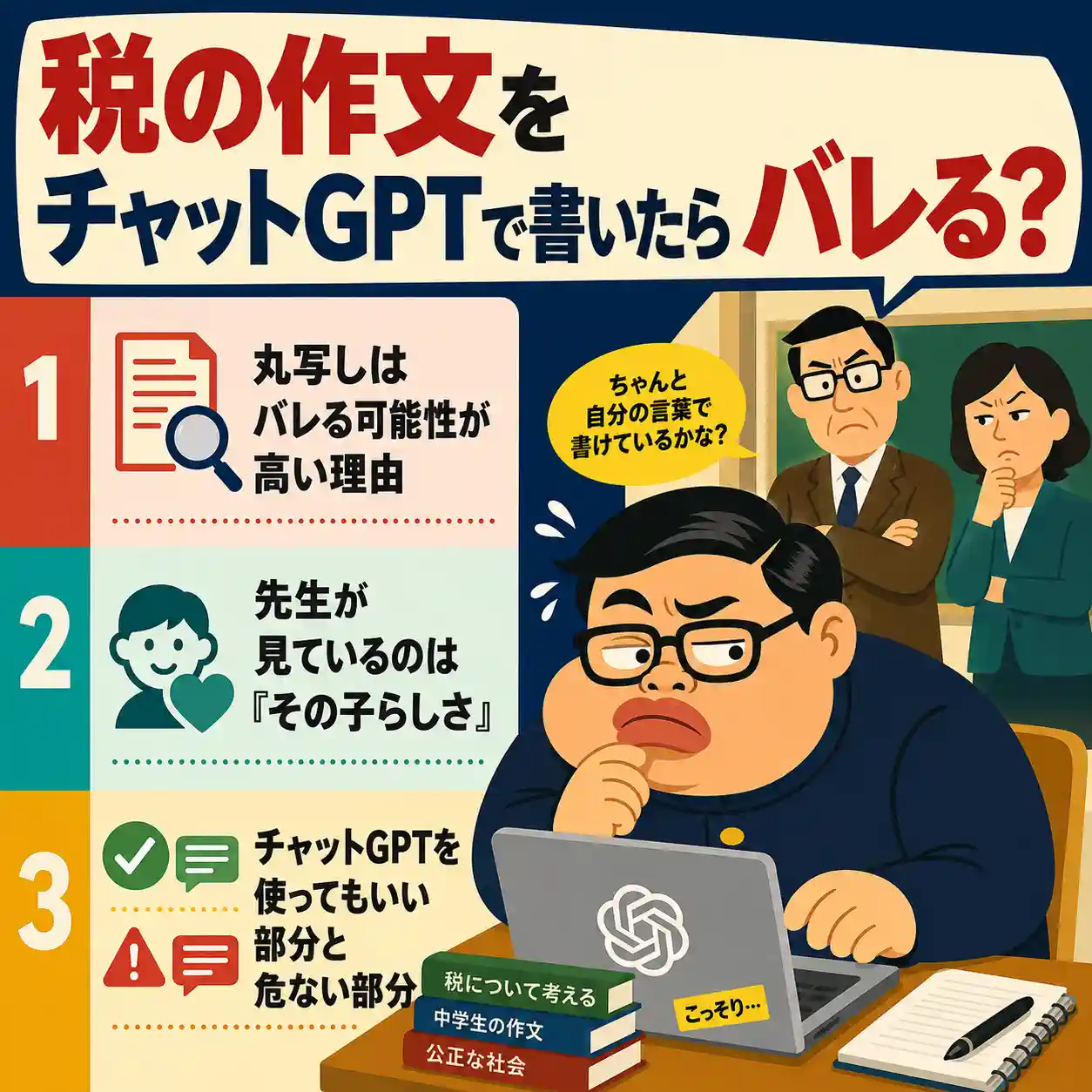 税の作文をチャットGPTで書いた場合の注意点をまとめたインフォグラフィック。 丸写しがバレやすい理由、先生が見る「その子らしさ」、AIを使ってよい部分と危ない部分を、パソコン前でこっそり作文を書こうとする男子生徒と、それを見守る先生たちのイラストで説明している。