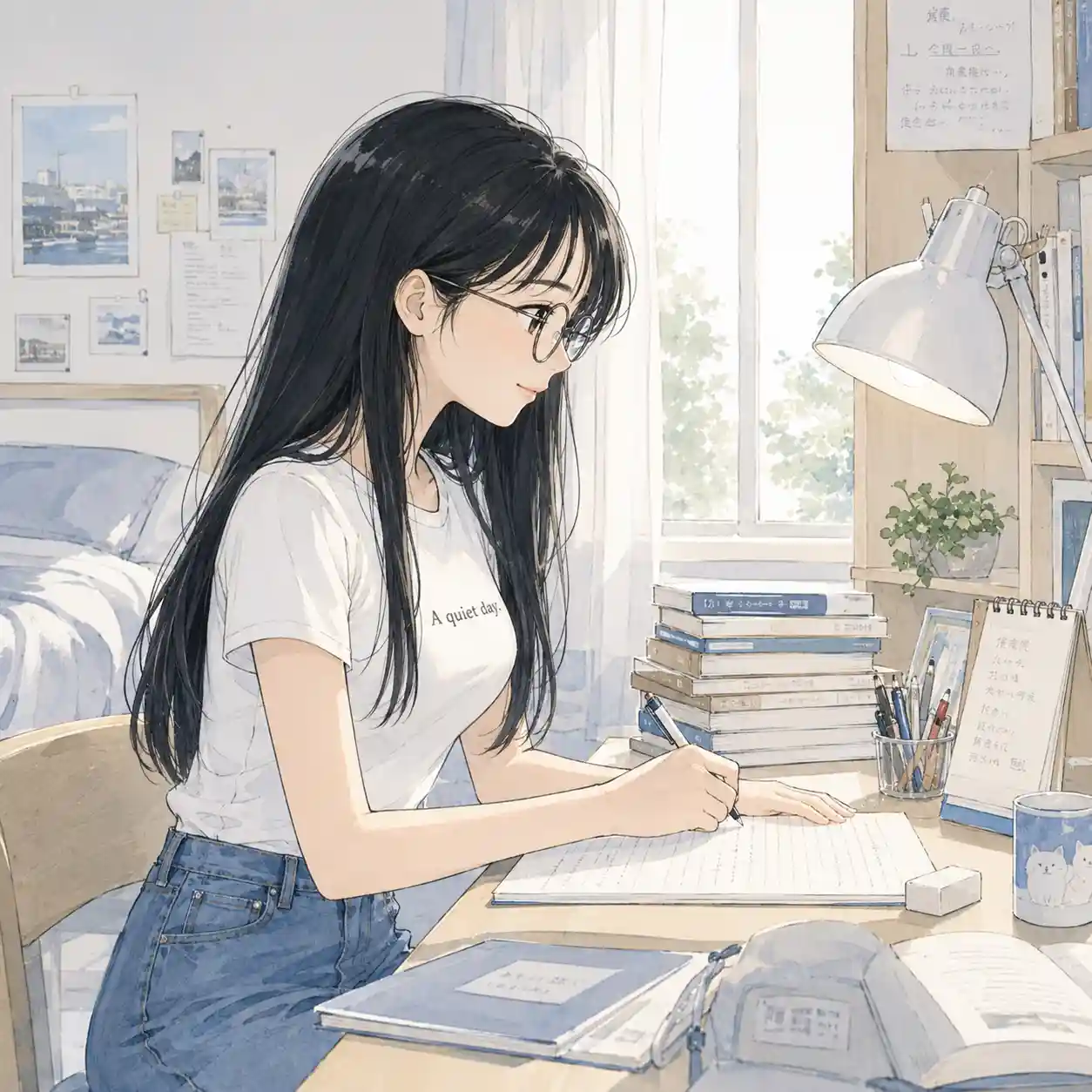 作文を書き出した女子