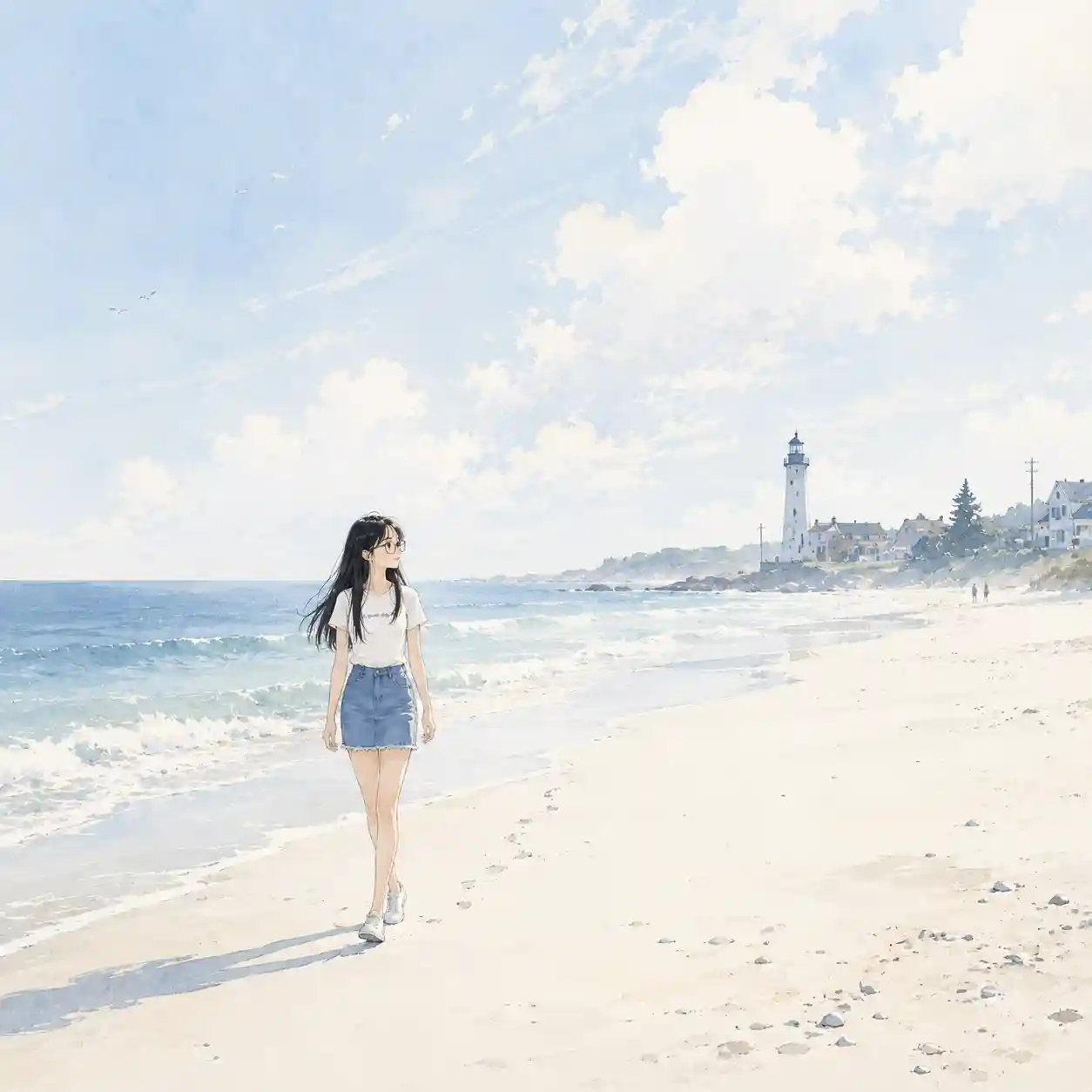 気分転換に浜辺を歩く女子