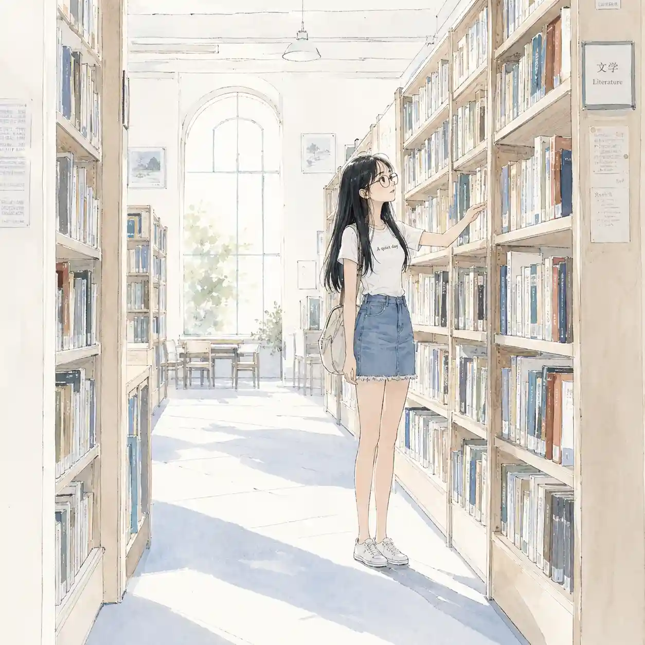 図書館で資料を集めている女子