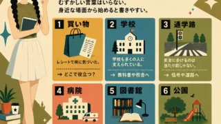 税の作文の書き出しを、買い物・学校・通学路・病院・図書館・公園など身近な場面別に紹介するインフォグラフィック。黒髪の三つ編み女性が、作文の始め方を案内している。