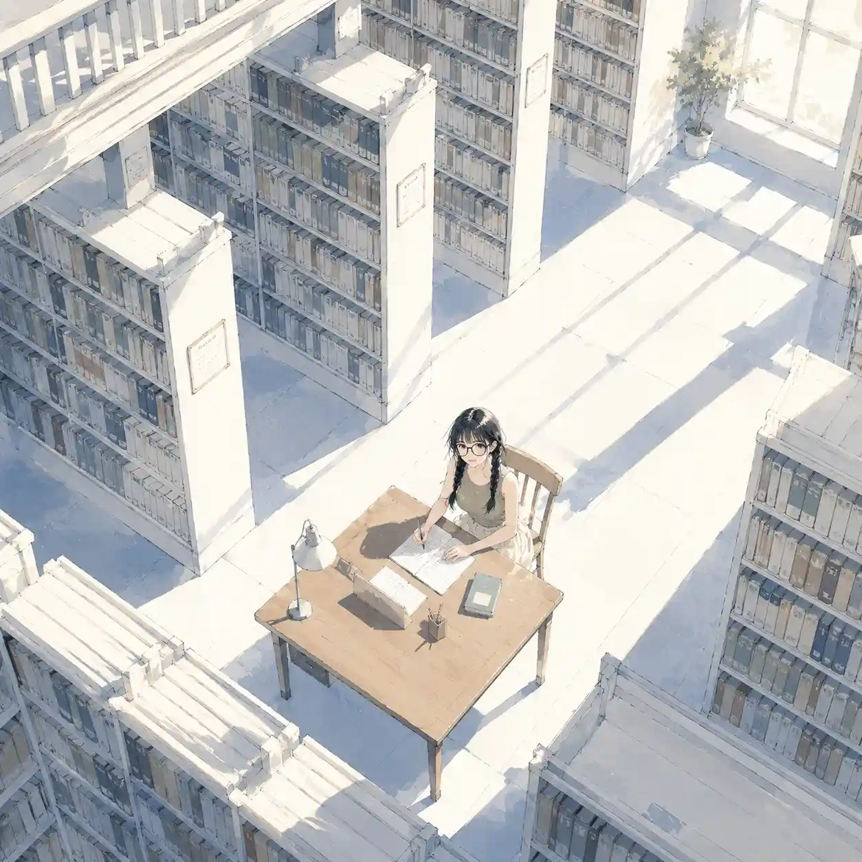 図書館で作文を書いている女子